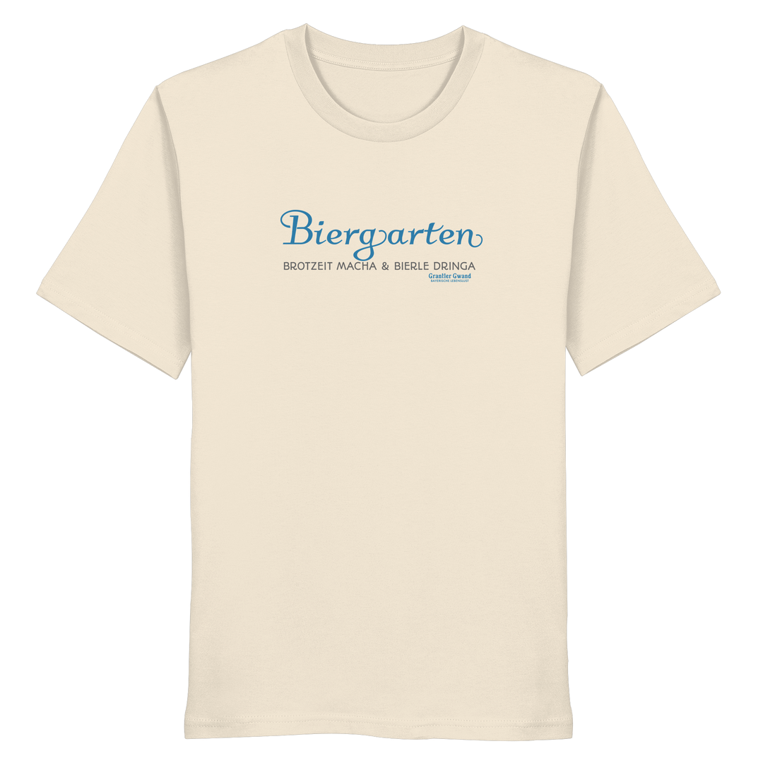 Beiges T-Shirt mit Biergarten - Brotzeit macha &amp; Bierle dringa Frontpint in Hellblau und grau.