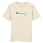 Beiges T-Shirt mit Biergarten - Brotzeit macha & Bierle dringa Frontpint in Hellblau und grau.