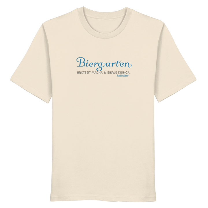 Beiges T-Shirt mit Biergarten - Brotzeit macha &amp; Bierle dringa Frontpint in Hellblau und grau.