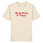 Cremefarbenes Unisex T-Shirt von Grantler Gwand mit rotem Frontprint „Regensburg & Amore“ im Retro-Schriftzug – bayerisches Streetwear T-Shirt aus Baumwolle.