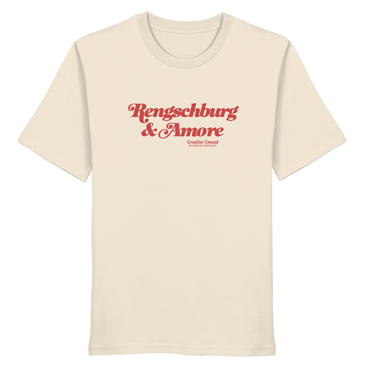 Cremefarbenes Unisex T-Shirt von Grantler Gwand mit rotem Frontprint „Regensburg &amp; Amore“ im Retro-Schriftzug – bayerisches Streetwear T-Shirt aus Baumwolle.
