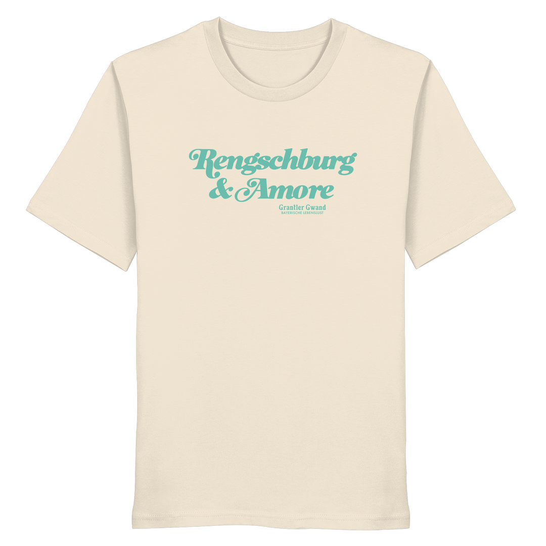 Cremefarbenes Unisex T-Shirt von Grantler Gwand mit mintgrünem Frontprint „Regensburg &amp; Amore“ im Retro-Schriftzug – bayerisches Streetwear T-Shirt aus Baumwolle.