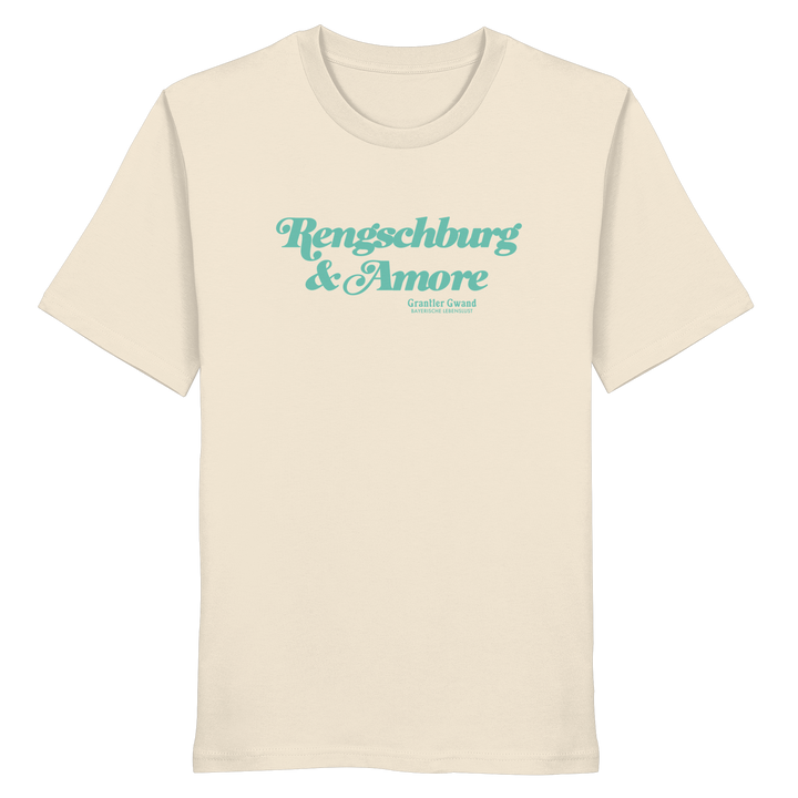 Cremefarbenes Unisex T-Shirt von Grantler Gwand mit mintgrünem Frontprint „Regensburg &amp; Amore“ im Retro-Schriftzug – bayerisches Streetwear T-Shirt aus Baumwolle.
