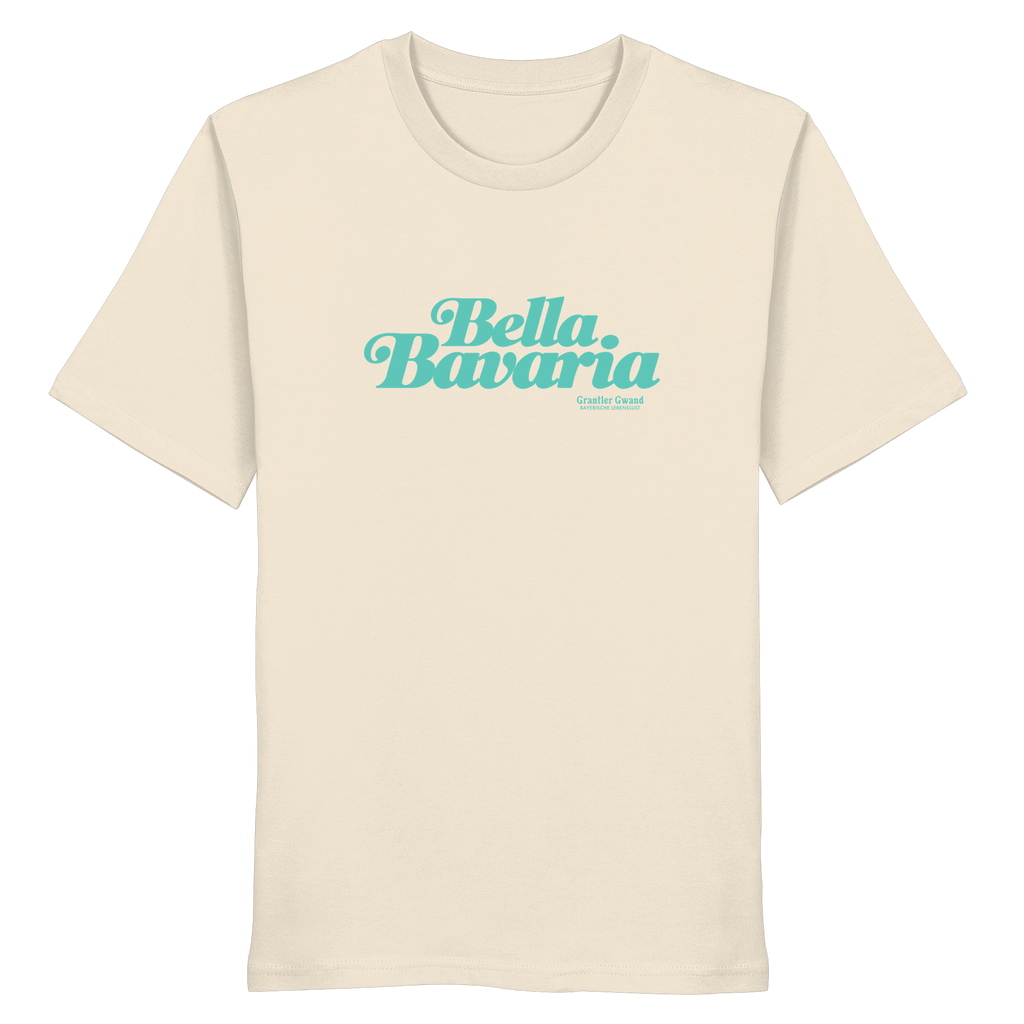 Cremefarbenes Unisex T-Shirt mit grünem „Bella Bavaria“-Frontprint – bayerische Streetwear von Grantler Gwand im modernen, minimalistischen Look.
