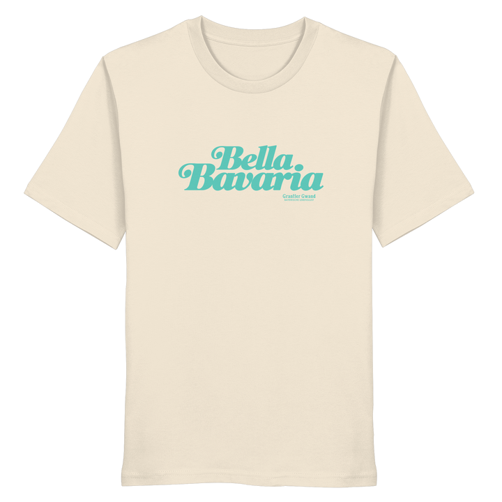 Cremefarbenes Unisex T-Shirt mit grünem „Bella Bavaria“-Frontprint – bayerische Streetwear von Grantler Gwand im modernen, minimalistischen Look.