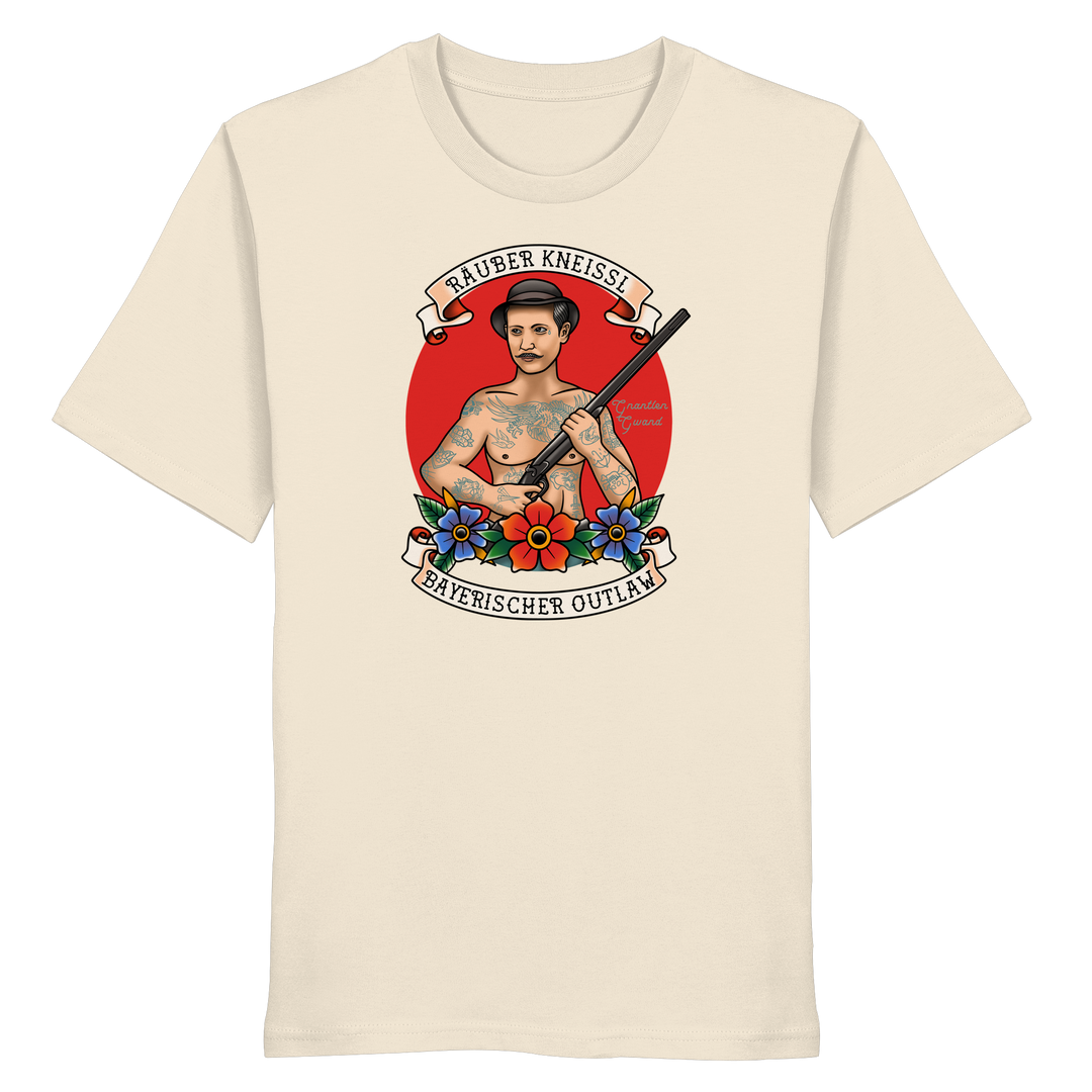 Beiges Räuber Kneissl Unisex T-Shirt mit markantem Frontprint im Tattoo-Style. Unisex Streetwear Shirt aus 100 % ringgesponnener Baumwolle mit bayerischem Motiv. Designed und bedruckt in Bayern von Grantler Gwand.