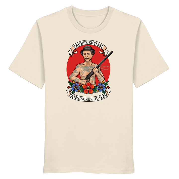Beiges Räuber Kneissl Unisex T-Shirt mit markantem Frontprint im Tattoo-Style. Unisex Streetwear Shirt aus 100 % ringgesponnener Baumwolle mit bayerischem Motiv. Designed und bedruckt in Bayern von Grantler Gwand.