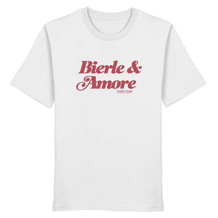 Weißes Unisex T-Shirt mit rotem „Bierle &amp; Amore“-Frontprint – bayerische Streetwear von Grantler Gwand im modernen, minimalistischen Look.