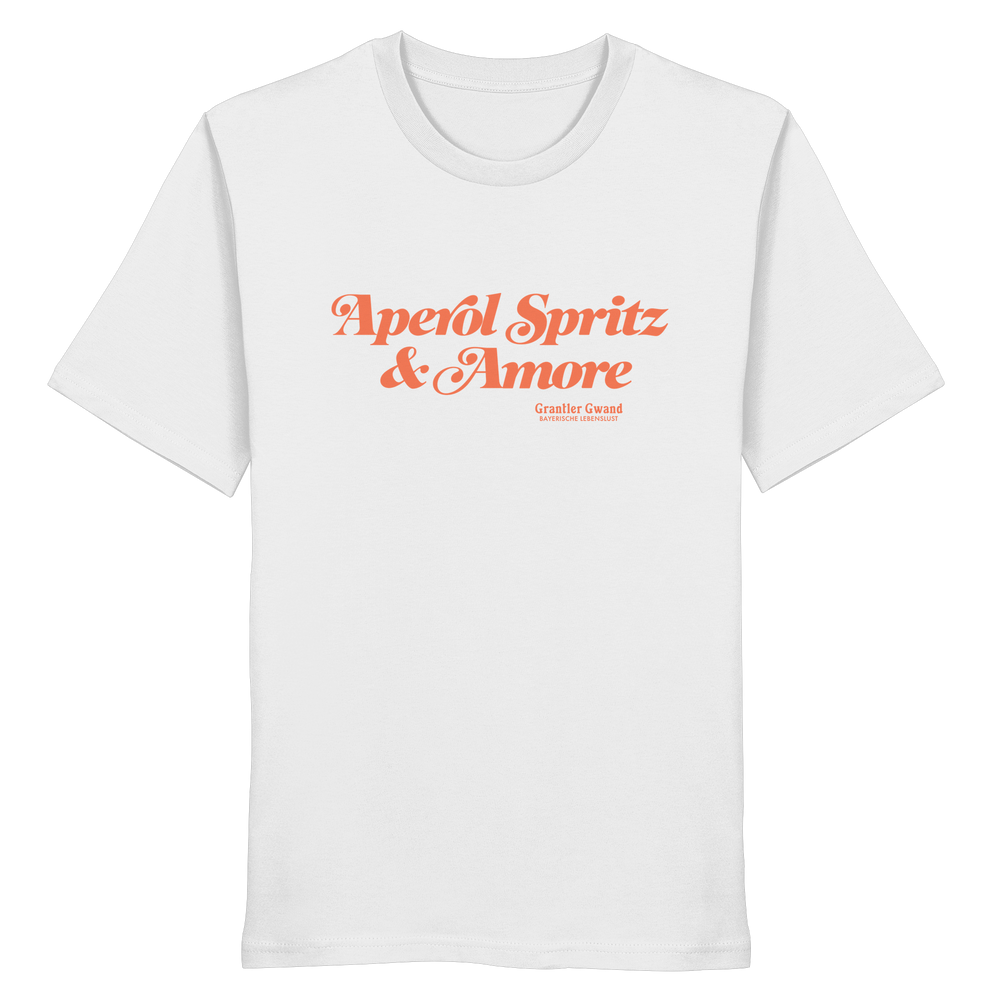 Weißes Shirt mit orangefarbenem Schriftzug "Aperol Spritz & Amore" im minimalistischen Streetwear-Design von Grantler Gwand.