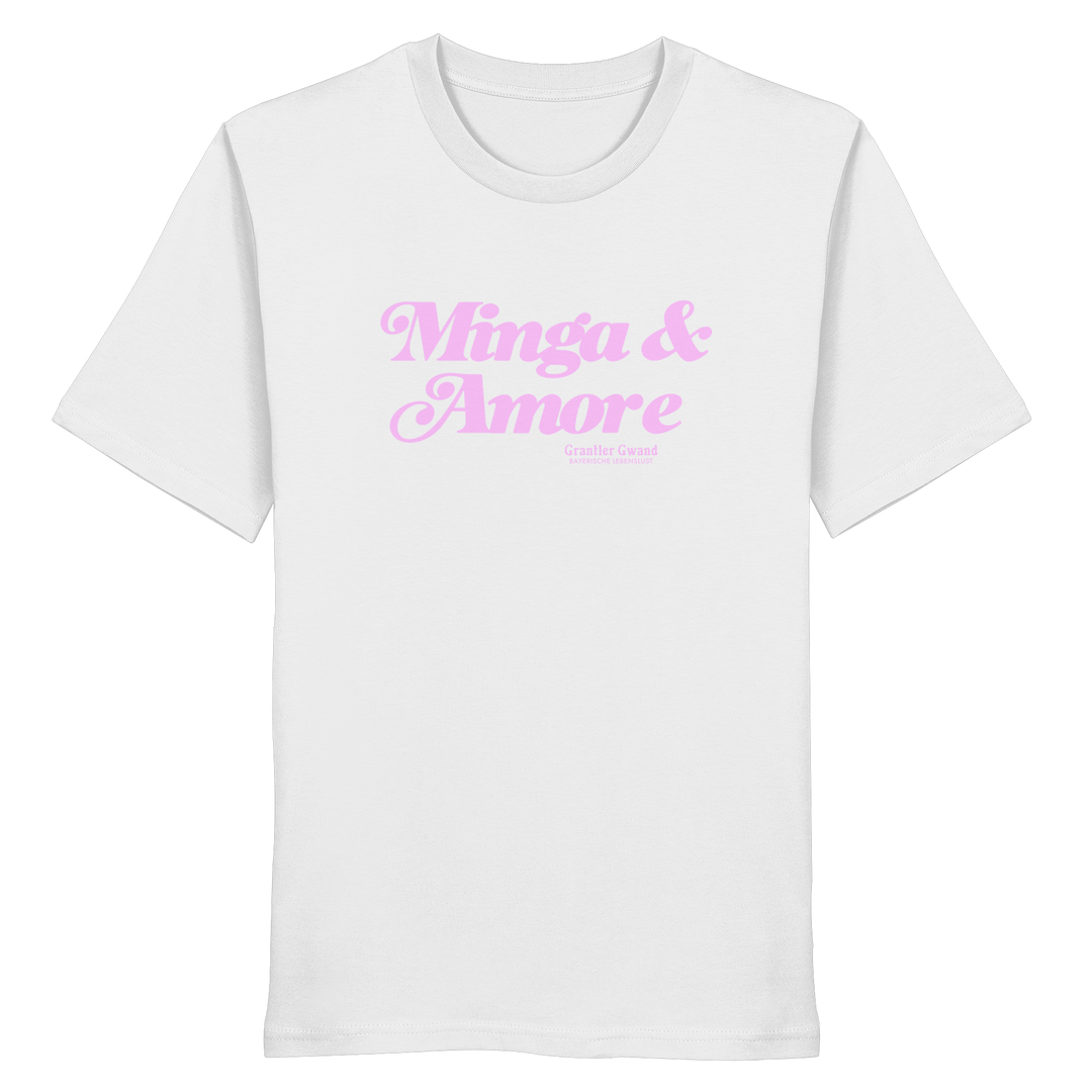 Weißes T-Shirt mit rosa Frontprint „Minga &amp; Amore“ im Retro-Schriftzug – modernes München  T-Shirt mit bayerischem Charme von Grantler Gwand.