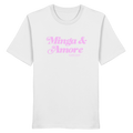 Weißes T-Shirt mit rosa Frontprint „Minga & Amore“ im Retro-Schriftzug – modernes München  T-Shirt mit bayerischem Charme von Grantler Gwand.