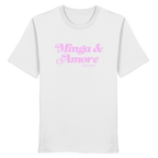 Weißes T-Shirt mit rosa Frontprint „Minga & Amore“ im Retro-Schriftzug – modernes München  T-Shirt mit bayerischem Charme von Grantler Gwand.