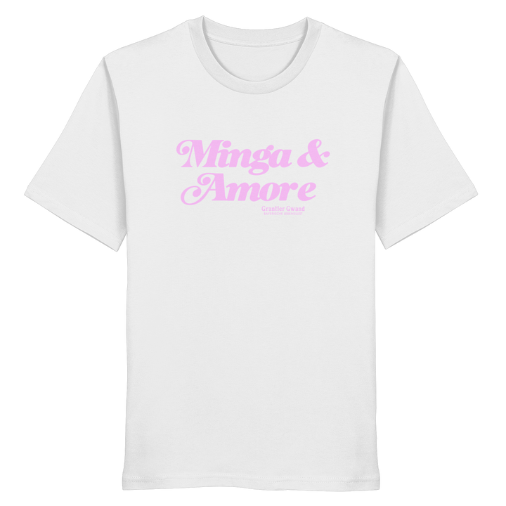 Weißes T-Shirt mit rosa Frontprint „Minga &amp; Amore“ im Retro-Schriftzug – modernes München  T-Shirt mit bayerischem Charme von Grantler Gwand.