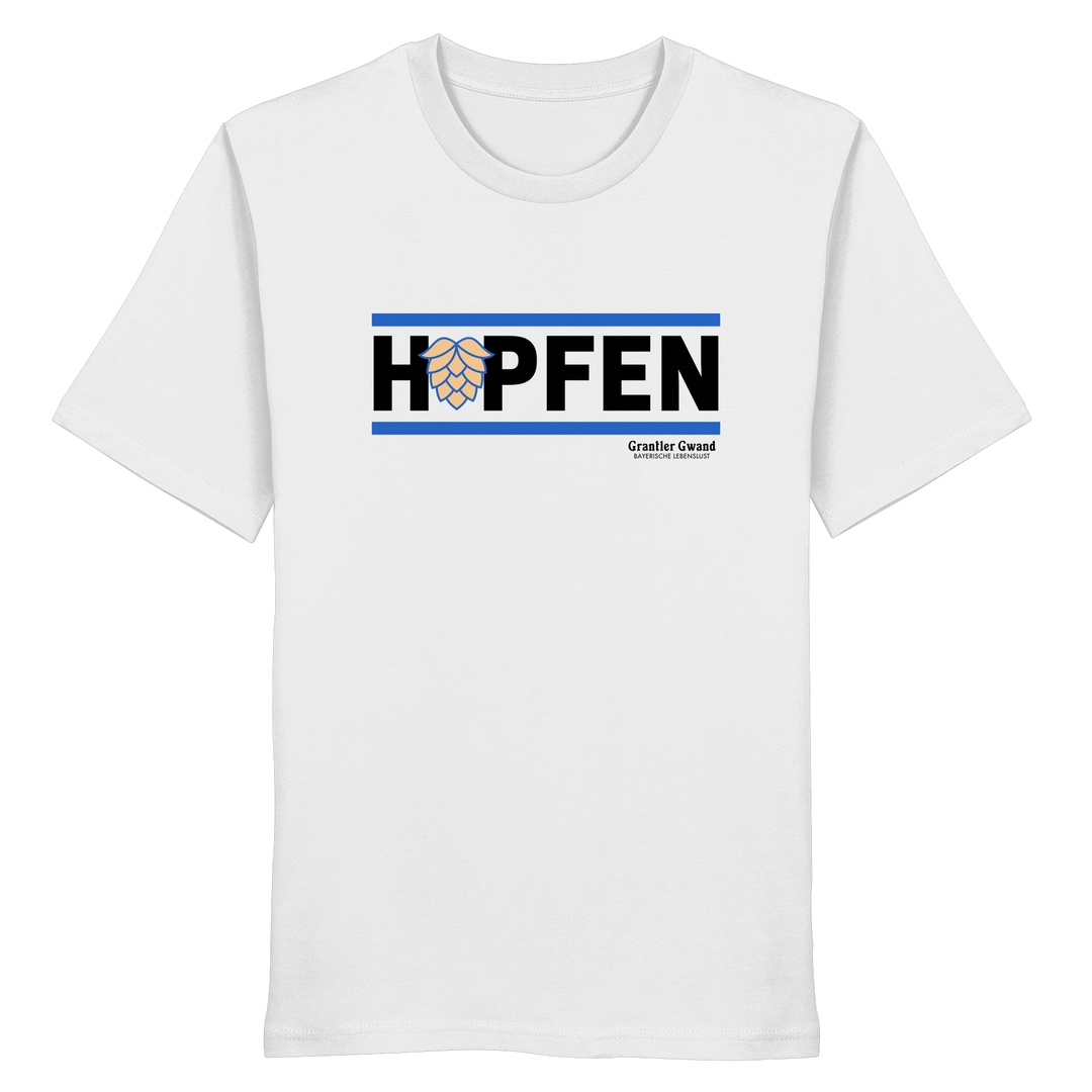 Weißes Shirt mit minimalistischem Hopfen-Frontprint in Schwarz und Blau von Grantler Gwand.