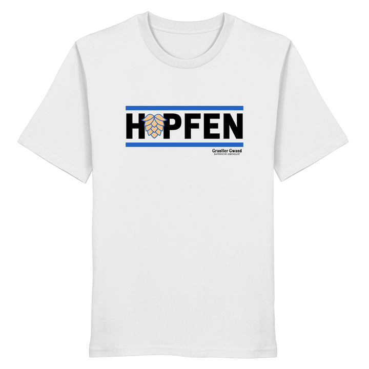 Weißes Shirt mit minimalistischem Hopfen-Frontprint in Schwarz und Blau von Grantler Gwand.