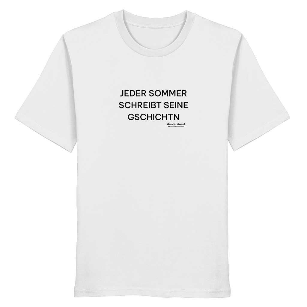 Jeder Sommer schreibt seine Gschichtn - schwarze Variante - Frontprint - T-Shirt