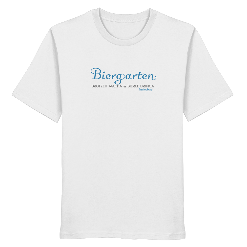 Weißes T-Shirt mit Biergarten - Brotzeit macha & Bierle dringa Frontpint in Hellblau und grau.