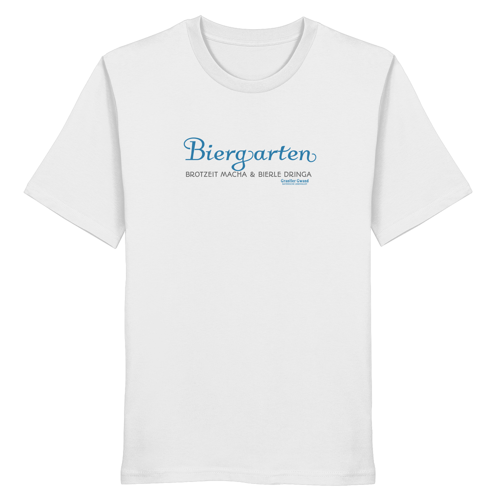 Weißes T-Shirt mit Biergarten - Brotzeit macha & Bierle dringa Frontpint in Hellblau und grau.