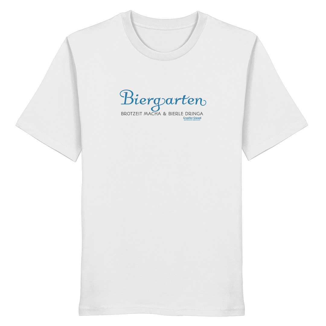 Weißes T-Shirt mit Biergarten - Brotzeit macha &amp; Bierle dringa Frontpint in Hellblau und grau.