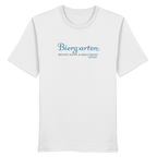 Weißes T-Shirt mit Biergarten - Brotzeit macha & Bierle dringa Frontpint in Hellblau und grau.