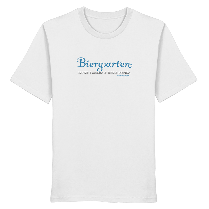 Weißes T-Shirt mit Biergarten - Brotzeit macha &amp; Bierle dringa Frontpint in Hellblau und grau.