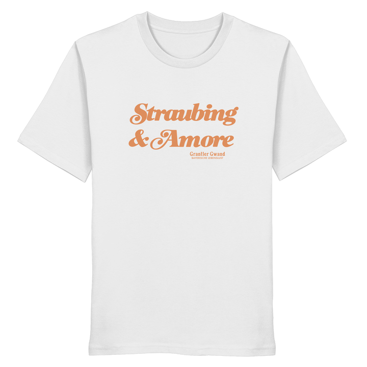 Weißes Unisex T-Shirt mit orangefarbenem „Straubing &amp; Amore“-Frontprint – bayerische Streetwear von Grantler Gwand im modernen, minimalistischen Look.