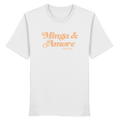 Weißes Unisex T-Shirt von Grantler Gwand mit apricotfarbenem Frontprint „Minga & Amore“ im Retro-Schriftzug – bayerisches Streetwear T-Shirt aus Baumwolle.