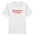 Weißes Unisex T-Shirt von Grantler Gwand mit rotem Frontprint „Regensburg & Amore“ im Retro-Schriftzug – bayerisches Streetwear T-Shirt aus Baumwolle.