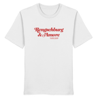 Weißes Unisex T-Shirt von Grantler Gwand mit rotem Frontprint „Regensburg & Amore“ im Retro-Schriftzug – bayerisches Streetwear T-Shirt aus Baumwolle.