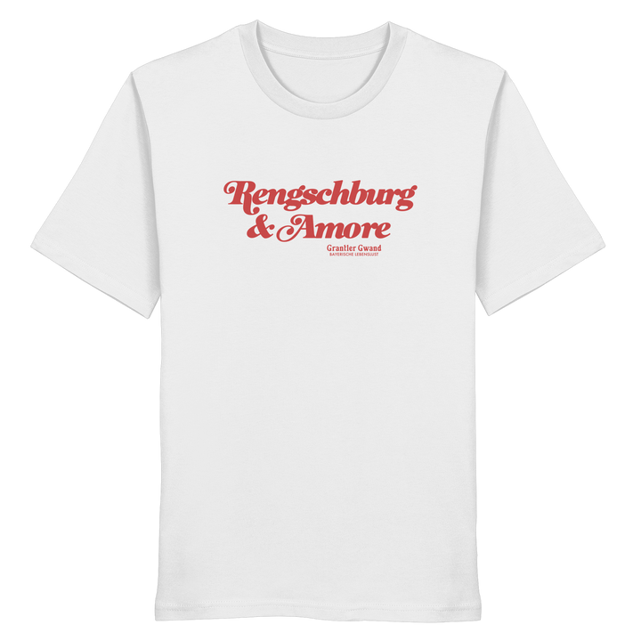 Weißes Unisex T-Shirt von Grantler Gwand mit rotem Frontprint „Regensburg &amp; Amore“ im Retro-Schriftzug – bayerisches Streetwear T-Shirt aus Baumwolle.