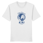 „Weißes Unisex T- Shirt mit blauem Frontprint 'Kini – Seiner Zeit voraus' und Vintage-Illustration von König Ludwig II. im modernen Streetwear-Stil von Grantler Gwand.“