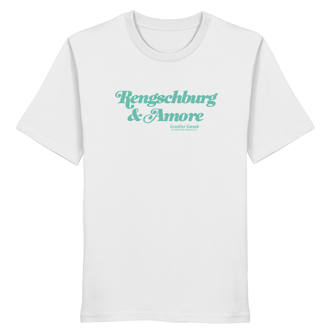 Weißes Unisex T-Shirt von Grantler Gwand mit mintgrünem Frontprint „Regensburg &amp; Amore“ im Retro-Schriftzug – bayerisches Streetwear T-Shirt aus Baumwolle.