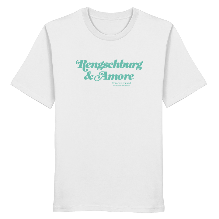 Weißes Unisex T-Shirt von Grantler Gwand mit mintgrünem Frontprint „Regensburg &amp; Amore“ im Retro-Schriftzug – bayerisches Streetwear T-Shirt aus Baumwolle.