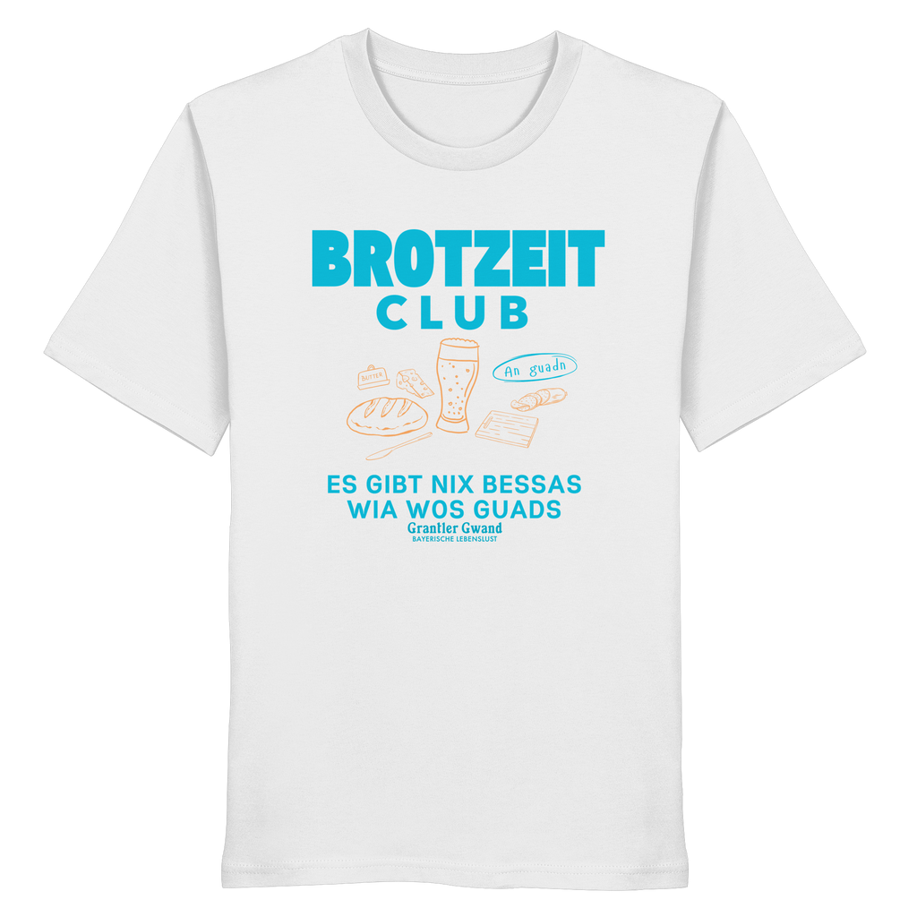 Weißes Unisex T-Shirt von Grantler Gwand mit grünem Frontprint „Brotzeit Club“ und handgezeichneten Brotzeit-Motiven – bayerisches Streetwear T-Shirt aus Baumwolle.