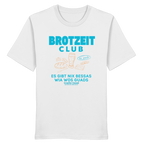 Weißes Unisex T-Shirt von Grantler Gwand mit grünem Frontprint „Brotzeit Club“ und handgezeichneten Brotzeit-Motiven – bayerisches Streetwear T-Shirt aus Baumwolle.