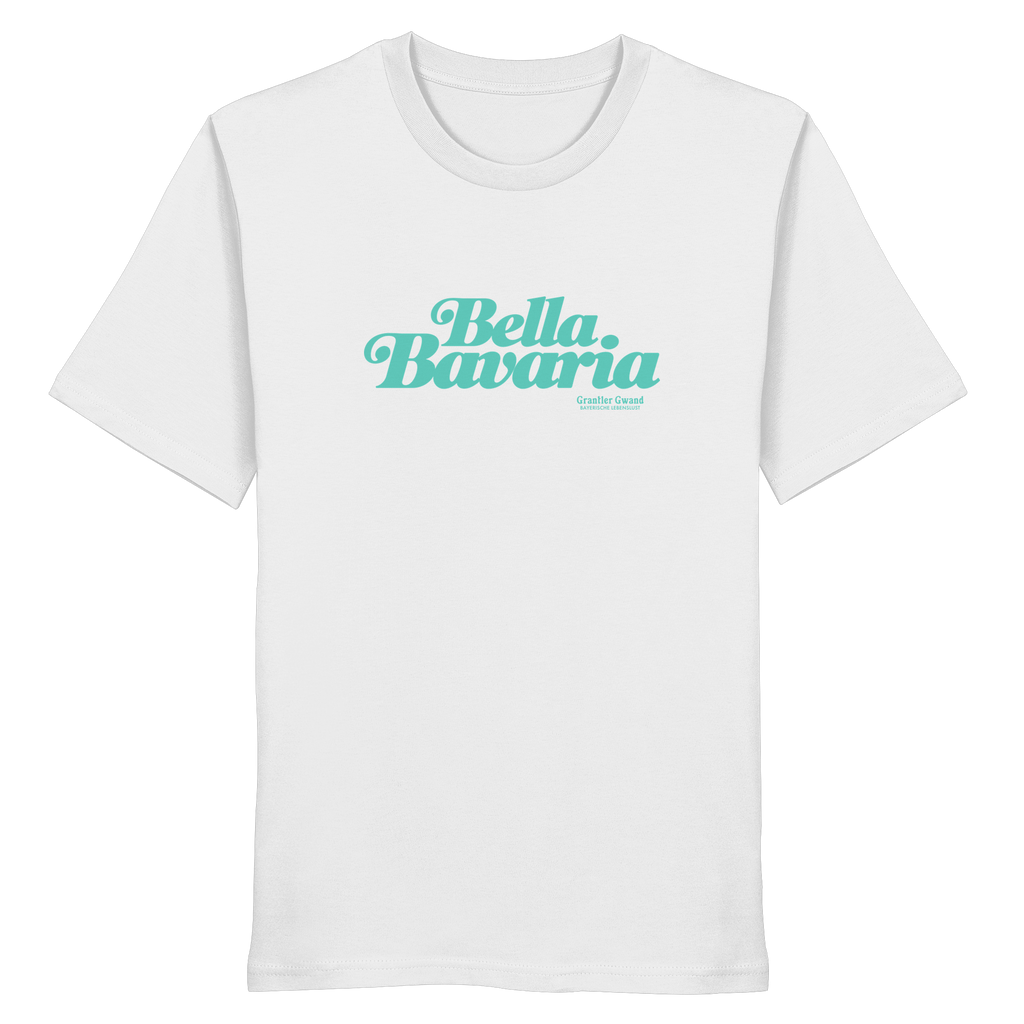 Weißes Unisex T-Shirt mit grünem „Bella Bavaria“-Frontprint – bayerische Streetwear von Grantler Gwand im modernen, minimalistischen Look.