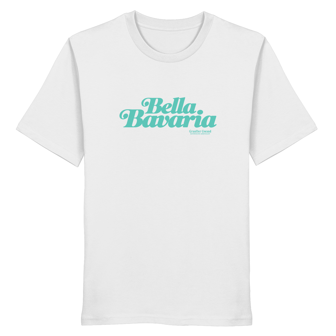 Weißes Unisex T-Shirt mit grünem „Bella Bavaria“-Frontprint – bayerische Streetwear von Grantler Gwand im modernen, minimalistischen Look.