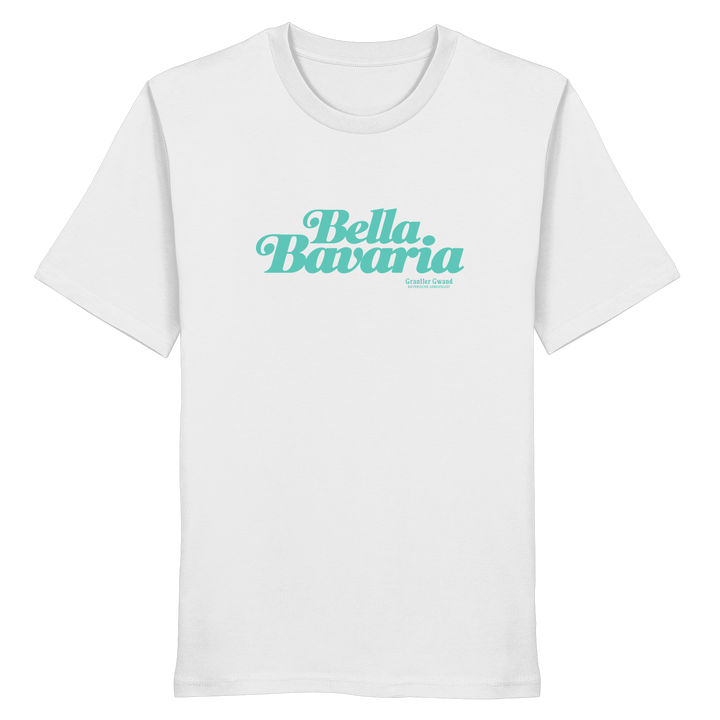 Weißes Unisex T-Shirt mit grünem „Bella Bavaria“-Frontprint – bayerische Streetwear von Grantler Gwand im modernen, minimalistischen Look.