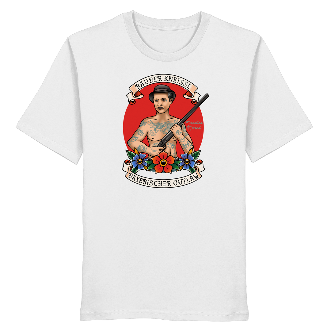 Weißes Räuber Kneissl Unisex T-Shirt mit markantem Frontprint im Tattoo-Style. Unisex Streetwear Shirt aus 100 % ringgesponnener Baumwolle mit bayerischem Motiv. Designed und bedruckt in Bayern von Grantler Gwand.