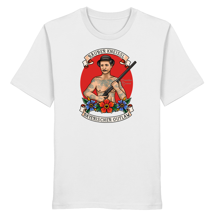 Weißes Räuber Kneissl Unisex T-Shirt mit markantem Frontprint im Tattoo-Style. Unisex Streetwear Shirt aus 100 % ringgesponnener Baumwolle mit bayerischem Motiv. Designed und bedruckt in Bayern von Grantler Gwand.